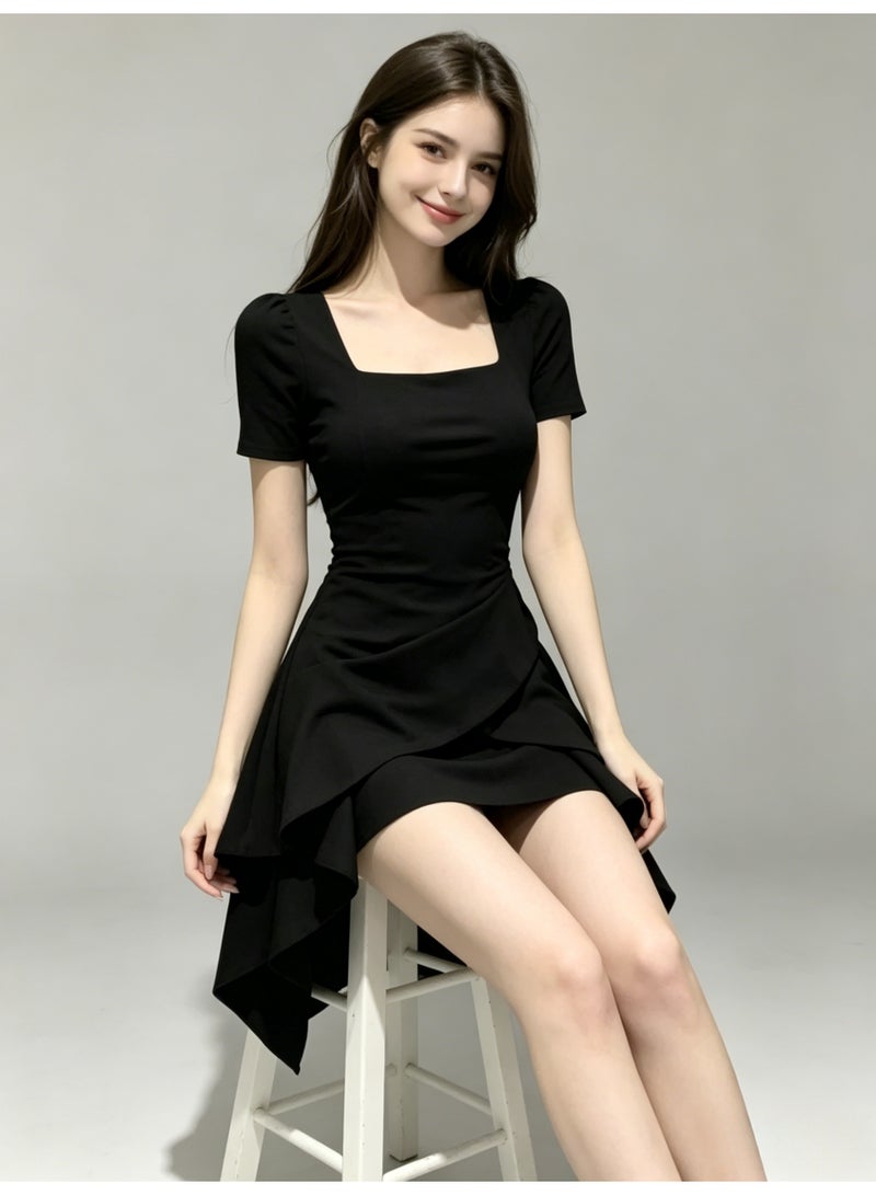 ZARA Women’s Square Neck Short Sleeve Irregular Ruffle Mini Dress - Image 5