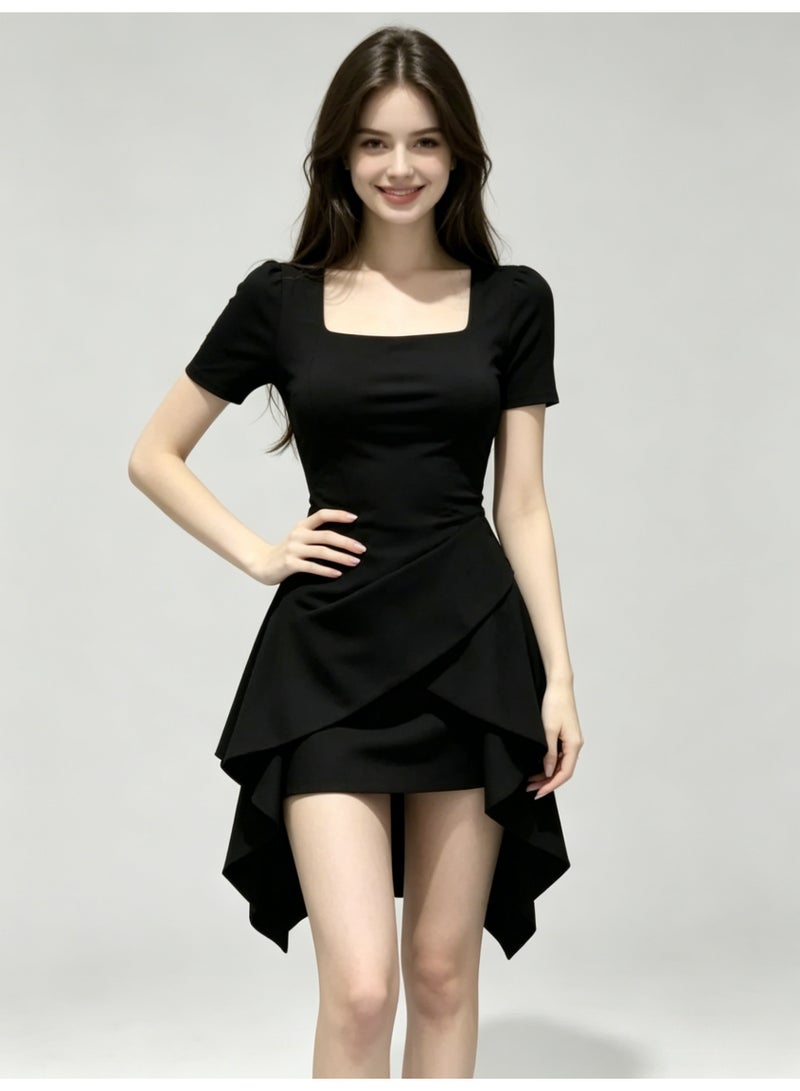 ZARA Women’s Square Neck Short Sleeve Irregular Ruffle Mini Dress - Image 1