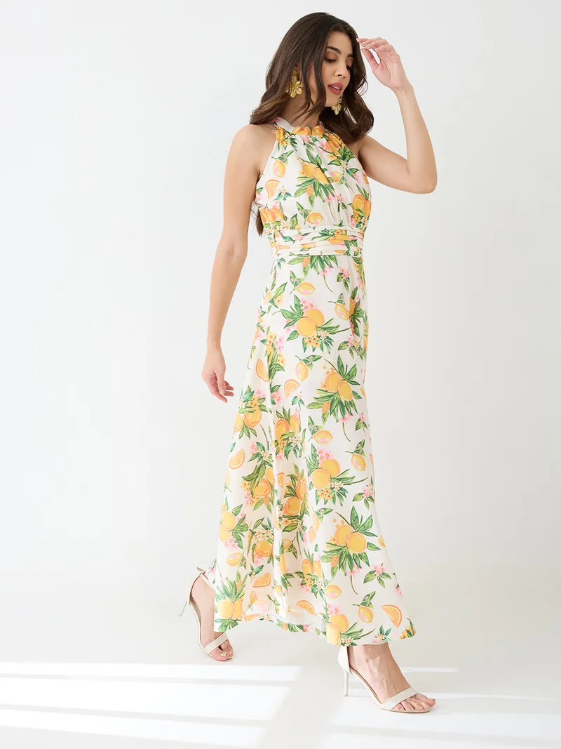 globus Women Yellow Floral & Fruit Print Halter Neck Pleated Detail Flared Fusion Jumpsuit