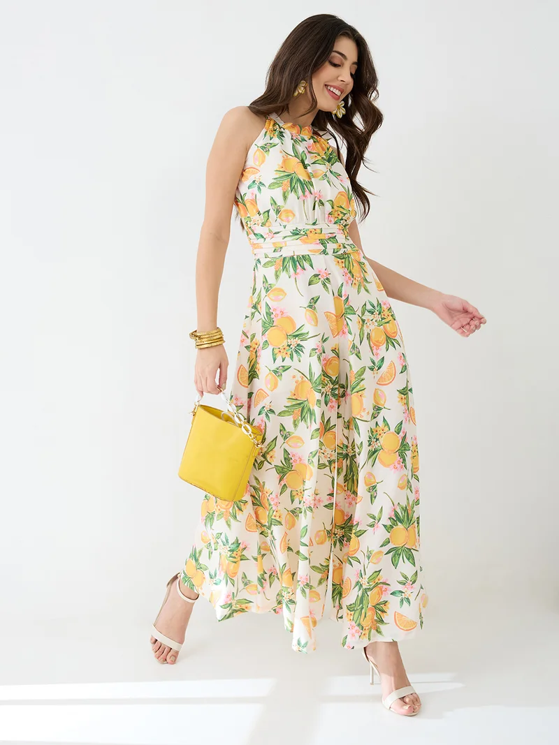 globus Women Yellow Floral & Fruit Print Halter Neck Pleated Detail Flared Fusion Jumpsuit