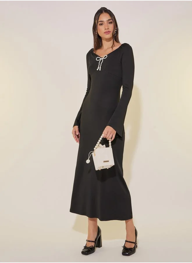 ستايلي Solid V-Neck Bell Sleeve Bodycon Maxi Dress