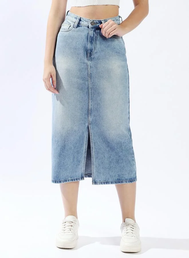 HIGH STAR Women High Rise A-Line Midi Denim Side Front Slit cotton Skirt