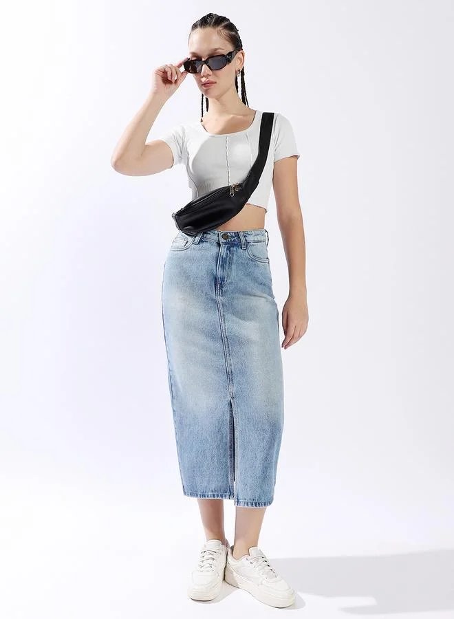 HIGH STAR Women High Rise A-Line Midi Denim Side Front Slit cotton Skirt