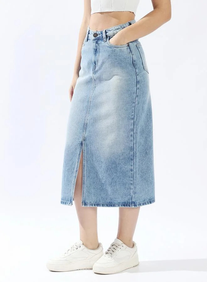 HIGH STAR Women High Rise A-Line Midi Denim Side Front Slit cotton Skirt