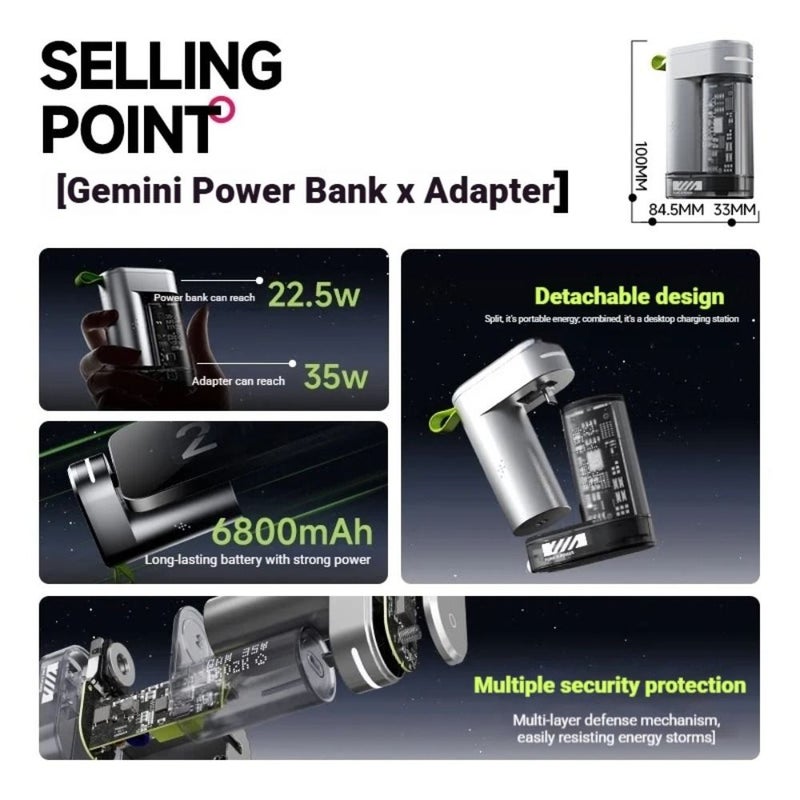 Trozk Tp10 Gemini X Series Power Bank Adapter 6800mAh 35W GaN Fast Charging with Detachable Design, Silver - Image 3