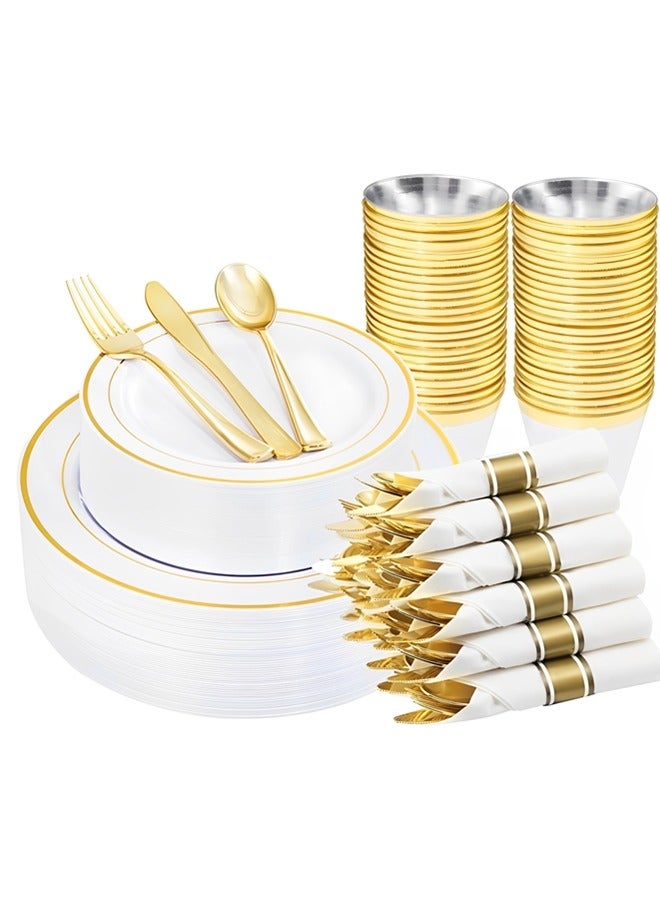 Beauenty 175 Piece Gold Plastic Dinnerware Set for 25 Guests,Elegant Disposable Dinnerware Set for Parties,Include:25 Dinner Plates,25 Dessert Plates,25 Pre Rolled Napkins with Cutlery Set,25 Cups - Image 1