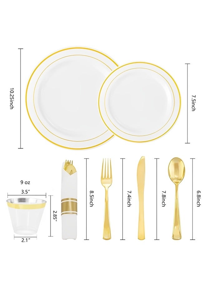 Beauenty 175 Piece Gold Plastic Dinnerware Set for 25 Guests,Elegant Disposable Dinnerware Set for Parties,Include:25 Dinner Plates,25 Dessert Plates,25 Pre Rolled Napkins with Cutlery Set,25 Cups - Image 2