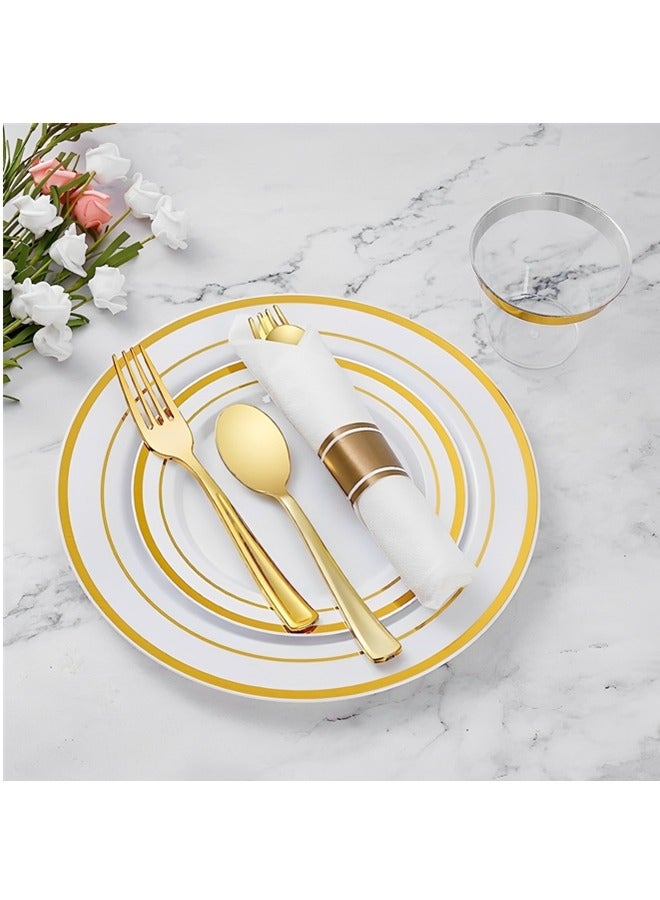 Beauenty 175 Piece Gold Plastic Dinnerware Set for 25 Guests,Elegant Disposable Dinnerware Set for Parties,Include:25 Dinner Plates,25 Dessert Plates,25 Pre Rolled Napkins with Cutlery Set,25 Cups - Image 3