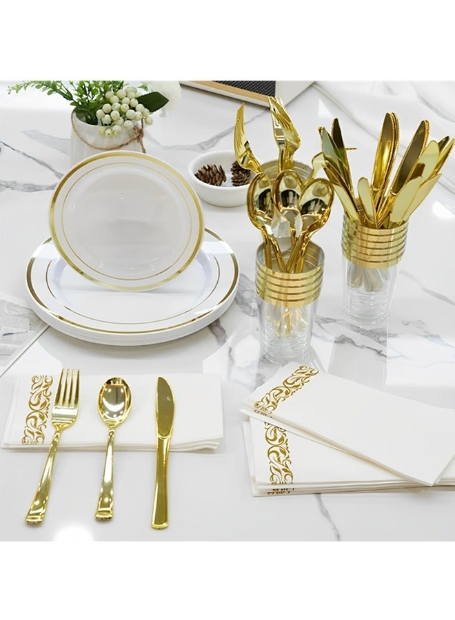 Beauenty 175 Piece Gold Plastic Dinnerware Set for 25 Guests,Elegant Disposable Dinnerware Set for Parties,Include:25 Dinner Plates,25 Dessert Plates,25 Pre Rolled Napkins with Cutlery Set,25 Cups - Image 4