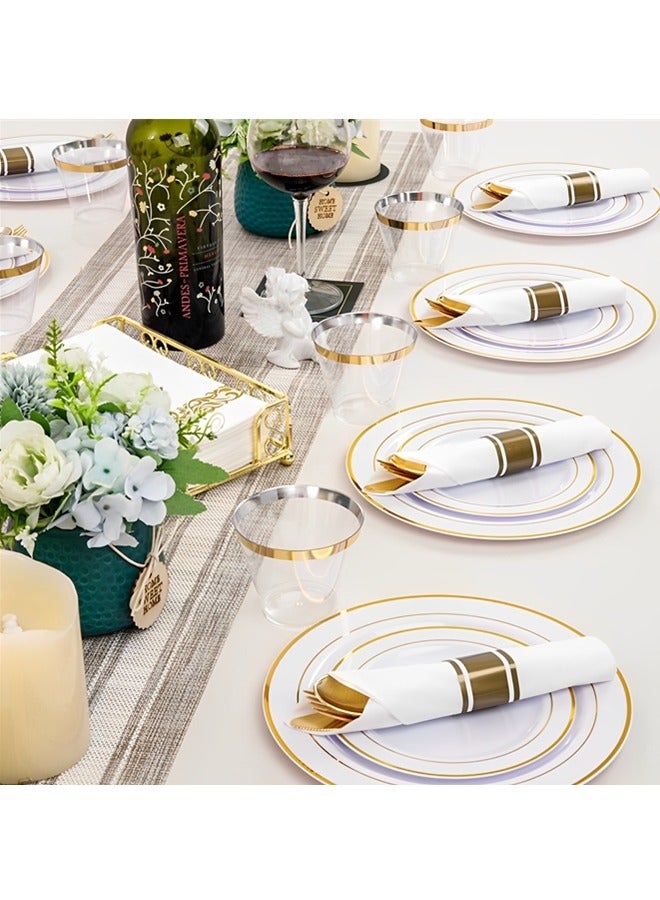 Beauenty 175 Piece Gold Plastic Dinnerware Set for 25 Guests,Elegant Disposable Dinnerware Set for Parties,Include:25 Dinner Plates,25 Dessert Plates,25 Pre Rolled Napkins with Cutlery Set,25 Cups - Image 5