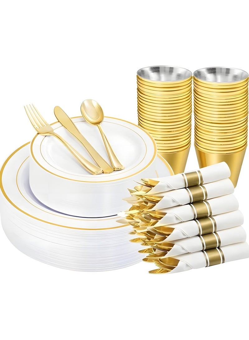Beauenty 175 Piece Gold Plastic Dinnerware Set for 25 Guests,Elegant Disposable Dinnerware Set for Parties,Include:25 Dinner Plates,25 Dessert Plates,25 Pre Rolled Napkins with Cutlery Set,25 Cups - Image 1