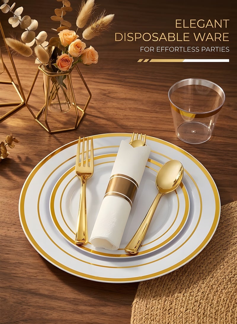 Beauenty 175 Piece Gold Plastic Dinnerware Set for 25 Guests,Elegant Disposable Dinnerware Set for Parties,Include:25 Dinner Plates,25 Dessert Plates,25 Pre Rolled Napkins with Cutlery Set,25 Cups - Image 3