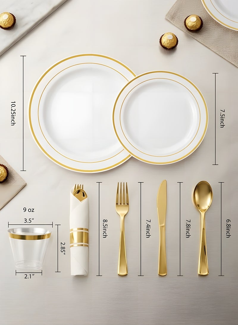 Beauenty 175 Piece Gold Plastic Dinnerware Set for 25 Guests,Elegant Disposable Dinnerware Set for Parties,Include:25 Dinner Plates,25 Dessert Plates,25 Pre Rolled Napkins with Cutlery Set,25 Cups - Image 2