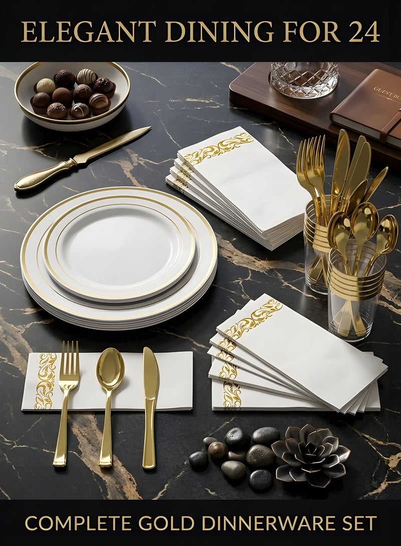Beauenty 175 Piece Gold Plastic Dinnerware Set for 25 Guests,Elegant Disposable Dinnerware Set for Parties,Include:25 Dinner Plates,25 Dessert Plates,25 Pre Rolled Napkins with Cutlery Set,25 Cups - Image 4