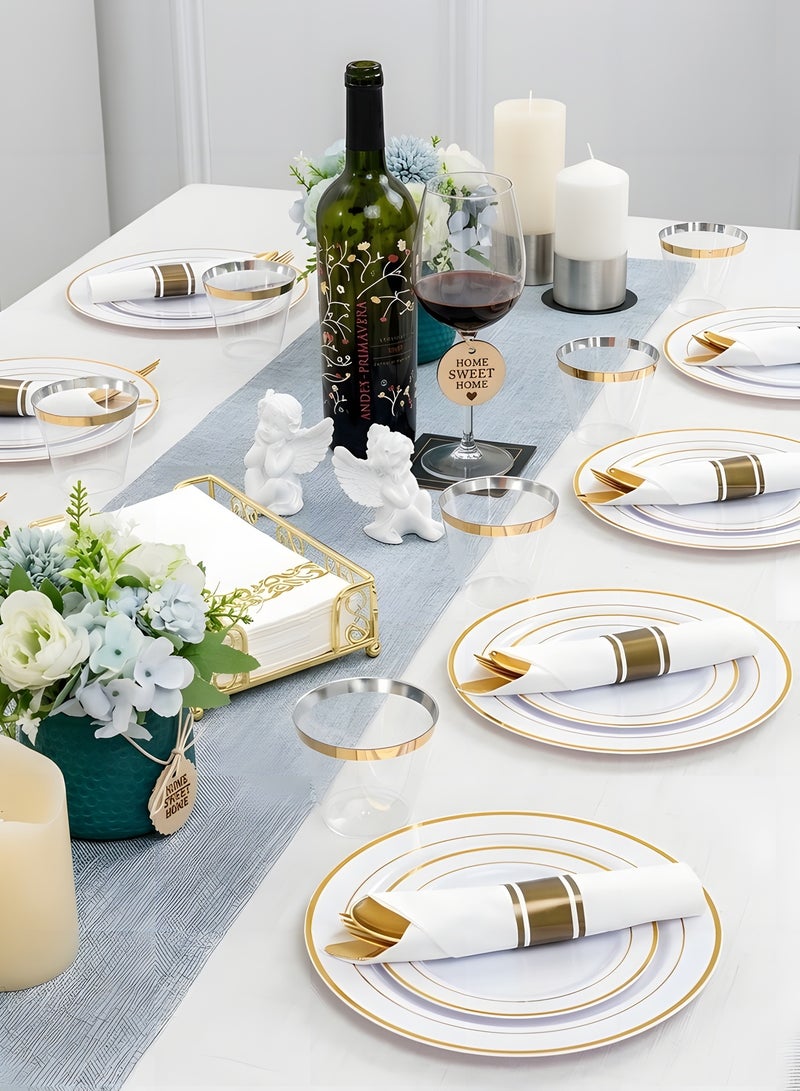 Beauenty 175 Piece Gold Plastic Dinnerware Set for 25 Guests,Elegant Disposable Dinnerware Set for Parties,Include:25 Dinner Plates,25 Dessert Plates,25 Pre Rolled Napkins with Cutlery Set,25 Cups - Image 5