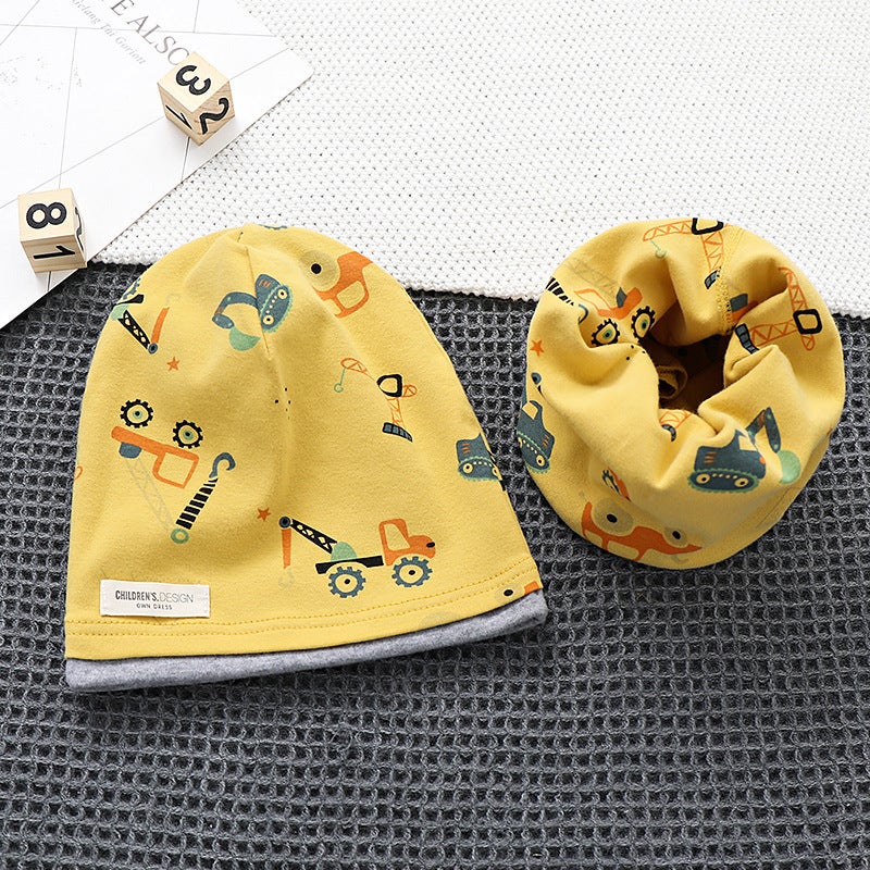 Cuhk Children'S Pure Cotton Pile Cap Scarf Two-Piece Suit Double-Layer Warm Contrast Color Pullover Cap Children'S Hat - Image 1