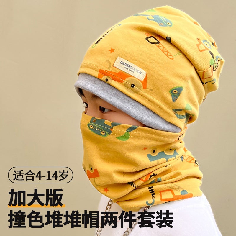 Cuhk Children'S Pure Cotton Pile Cap Scarf Two-Piece Suit Double-Layer Warm Contrast Color Pullover Cap Children'S Hat - Image 2