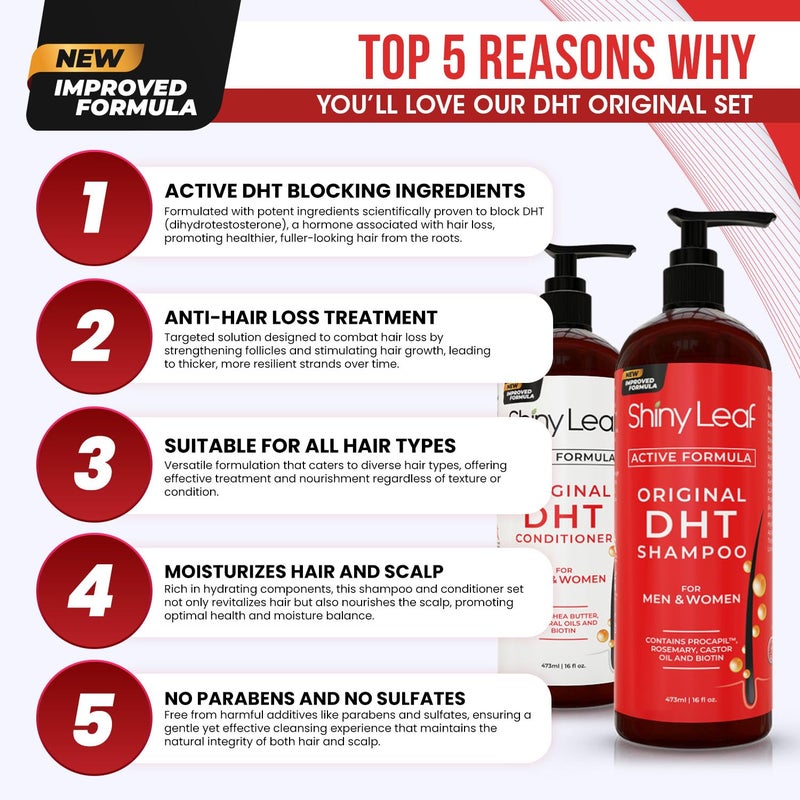 Shiny Leaf شامبو وبلسم مانع DHT - للنساء والرجال، مصنوع في الولايات المتحدة، علاج مضاد لتساقط الشعر، مع البيوتين، وزيت الخروع، وزيت إكليل الجبل وبروكابيل، للشعر الخفيف وتساقط الشعر - Image 2