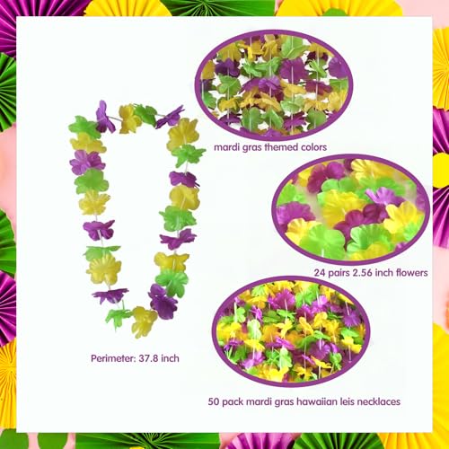 Becfupo 50 Pack Mardi Gras Flower Leis Necklaces Bulk, Red Green Yellow Mardi Gras Hawaiian Leis for Mardi Gras Party Decorations, Gaysby Themed Party, Masquerade Costume Accessories - Image 2