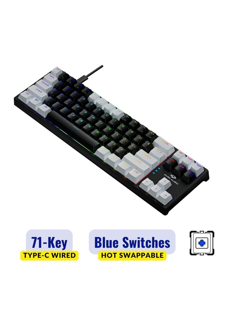 DARK ALIEN - Mechanical Keyboard 71 Keys RGB Backlight Detachable Type-C Wired 70% Gaming Keyboard Black/White - Blue Switch - Image 1