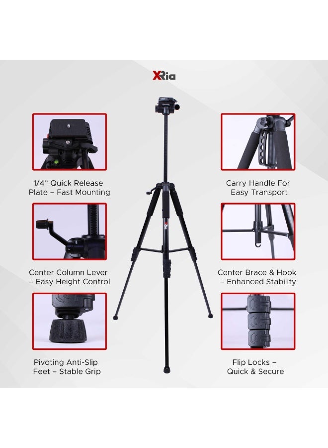 XRIA VT-200 Camera Tripod 206cm Professional Heavy Duty Stand | 360° Pan Tilt Head | Adjustable 4-Section Tripod with Quick Release Plate & Carry Bag for DSLR, Mirrorless & Video Cameras - Image 3