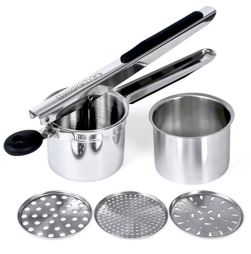 Rorence Stainless Steel Potato Ricer with 3 Interchangeable Discs  Inner Cup  Silicone Grip Handles  Black