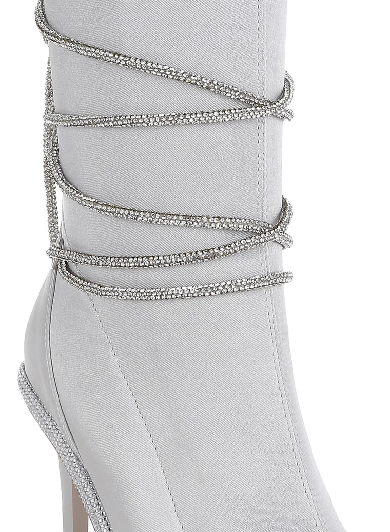 London Rag Rhinestones Strap Satin Calf Boots in Silver