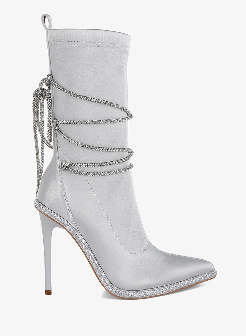 Rhinestones Strap Satin Calf Boots in Silver
