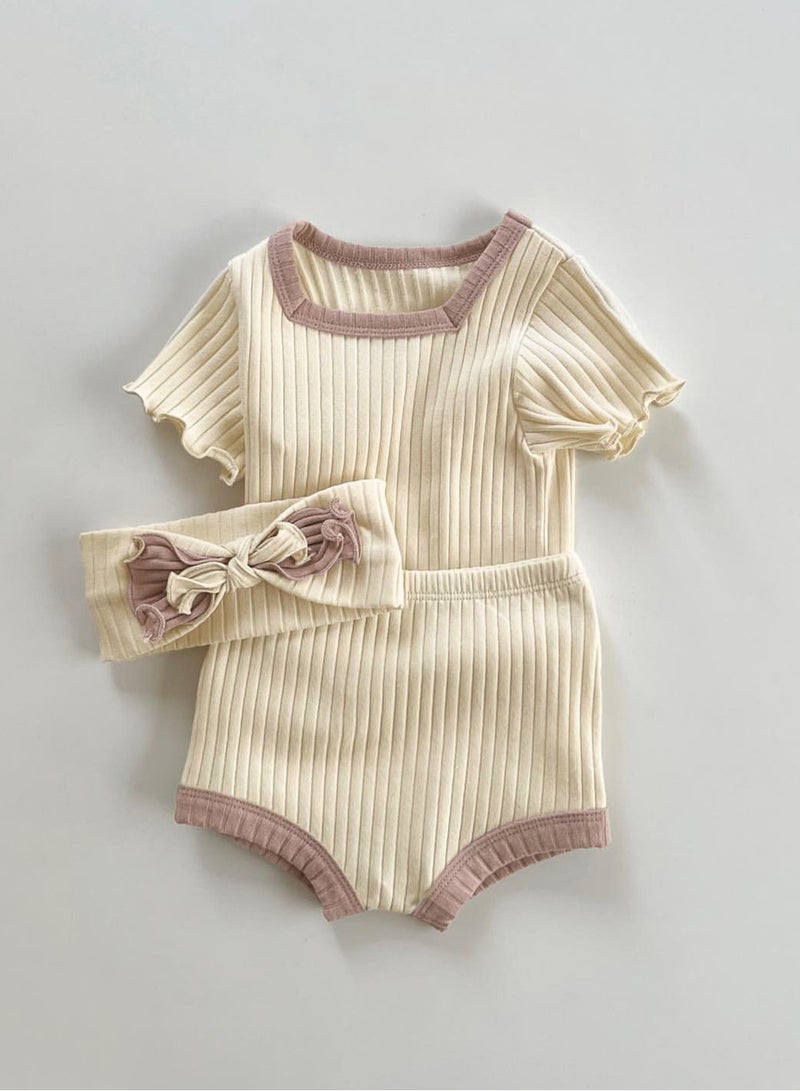 Baby Soft Breathable Cotton Short Sleeve T-shirt + Briefs + Hair Tie Beige Three-Piece Set - Image 1