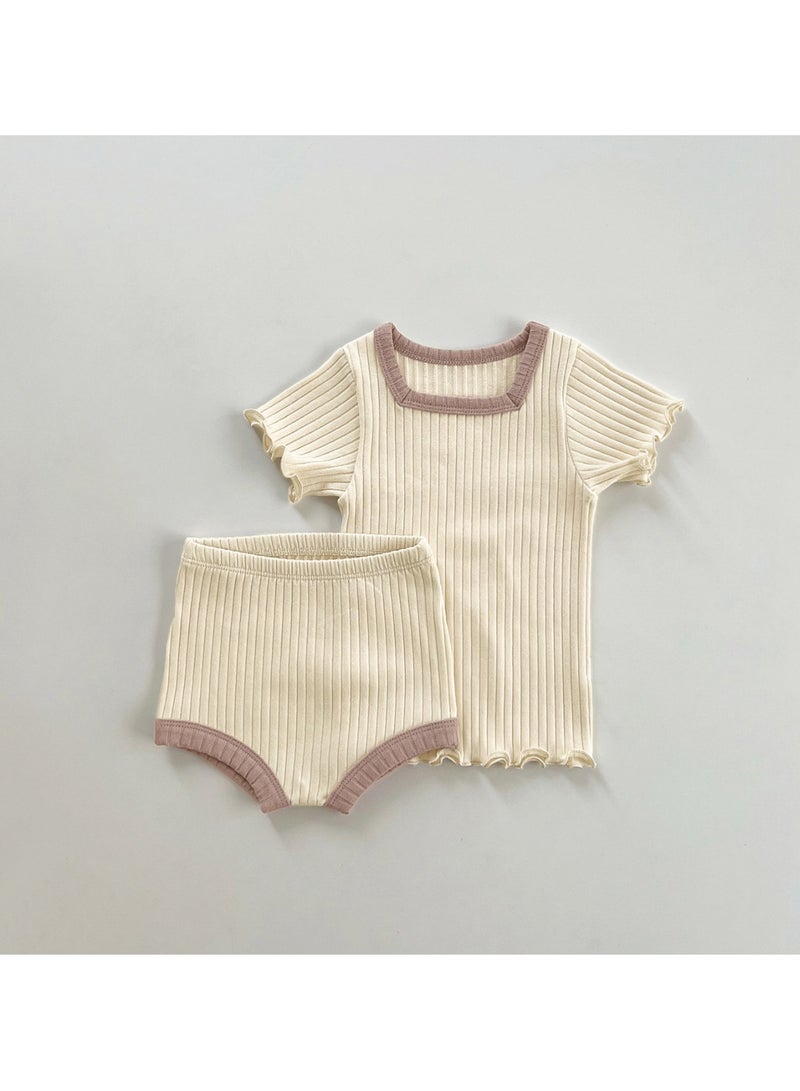 Baby Soft Breathable Cotton Short Sleeve T-shirt + Briefs + Hair Tie Beige Three-Piece Set - Image 2
