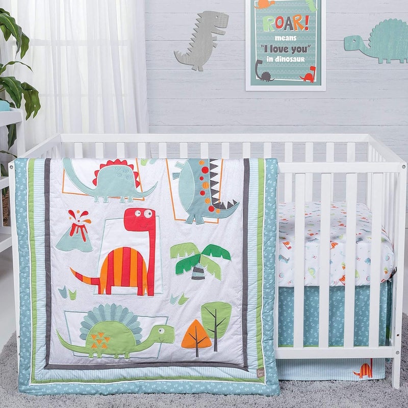 Trend Lab Dinosaur Roar Breathable 3Piece Crib Bedding Set Can Be Used As A Blanket Or A Playmat for Tummy Time Includes Quilt Fitted Crib Sheet and Skirt