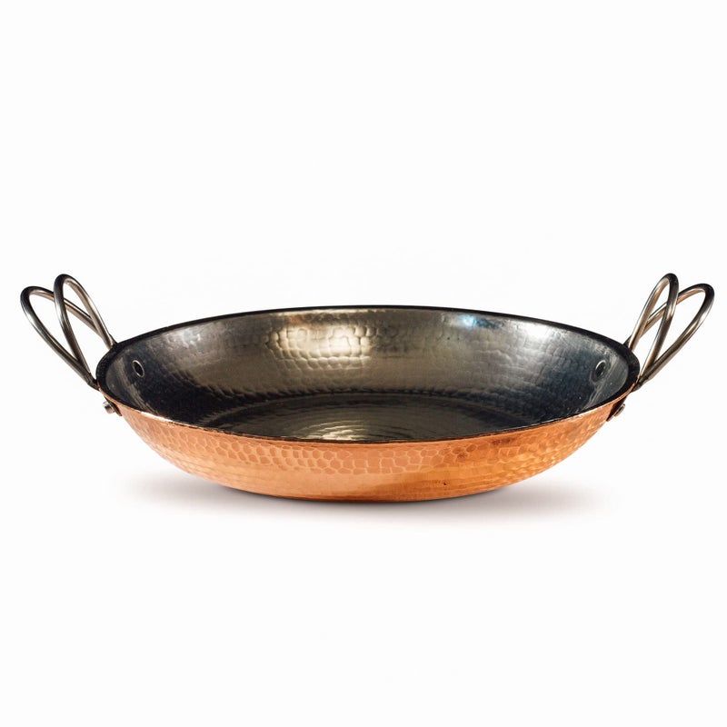 Sertodo Copper Alicante Paella Cooking Pan | 12 inch diameter | Patented Stainless Steel Handle Design| Hand Hammered, Heavy Gauge, 100% Pure Copper | Serves 4 Adults - Image 1