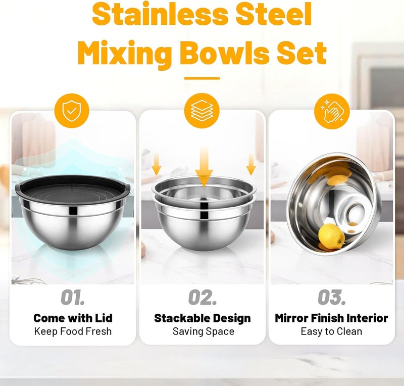 Beasea Stainless Steel Mixing Bowls with Lids, 2 Pack 2.5 QT Stackable Nesting Metal Mixing Bowls with Airtight Lids Set, for Baking, Prepping, Serving, Cooking, Kitchen Food Storage - Image 3