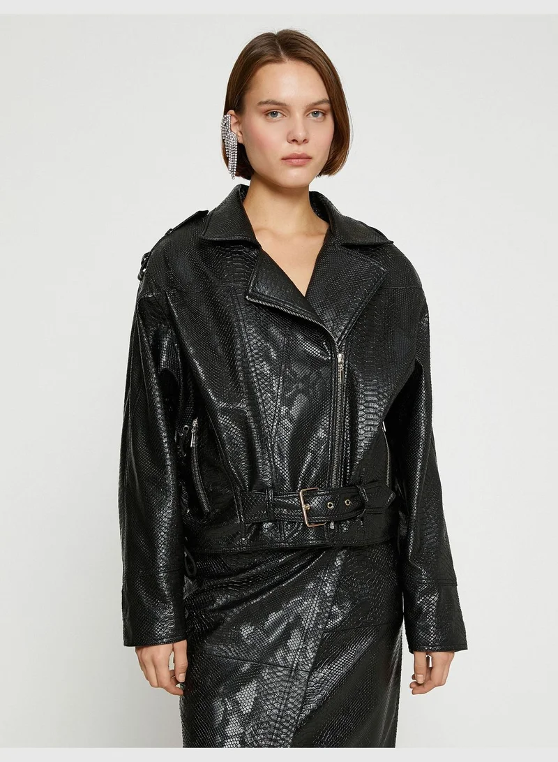 KOTON Croco Leather Looking Biker Jacket