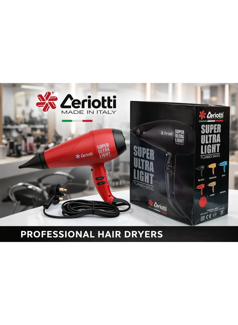 سيريوتي مجفف الشعر الاحترافي Ceriotti Super Ultra Light Turbo 5100 بقدرة 4200 واط 220–240 فولت – صنع في إيطاليا | مجفف شعر بجودة صالونات التجميل مع محرك قوي وتصميم خفيف الوزن - Image 1