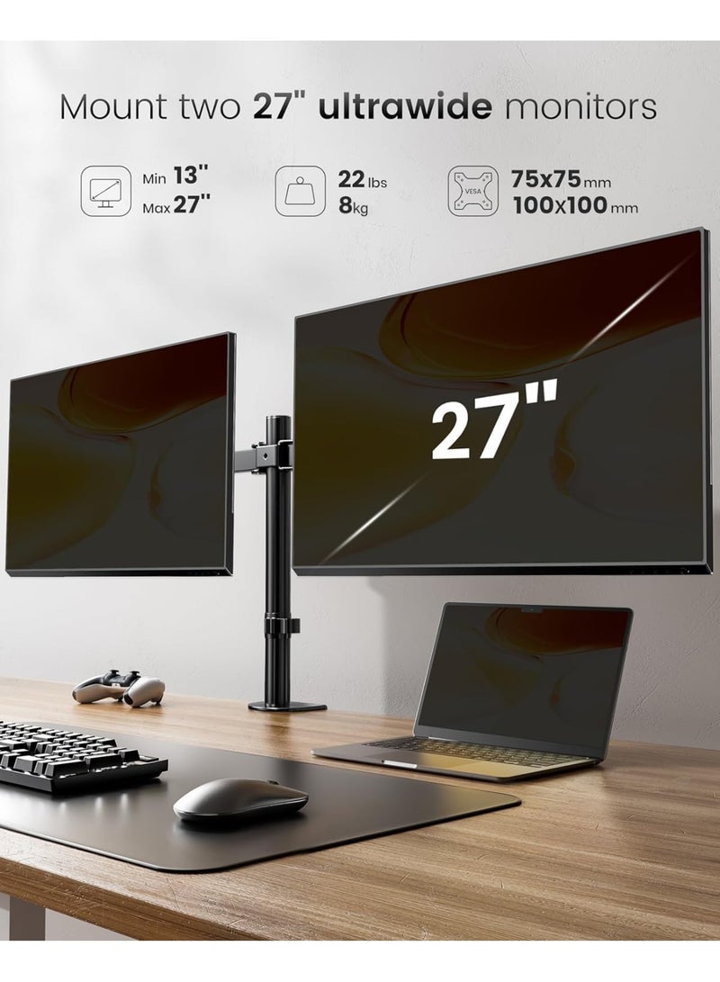 عربست ذراع شاشة مزدوج - ذراع تثبيت شاشة لشاشات الكمبيوتر، حامل شاشة مزدوج لشاشتين مقاس 13-27 بوصة، حامل شاشة بمقاس 75 ملم/100 ملم متوافق مع رابطة معايير الإلكترونيات المرئية للألعاب والمكتب - Image 2