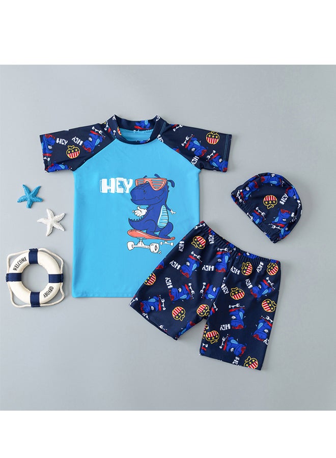 Three Piece Kids Swimsuit with Cap Set Boys Cartoon Print Swimwear Children Beachwear Bathing Suit for Summer - Image 1