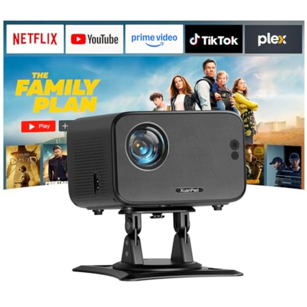 Portable projector for home entertainment, ABS plastic, black, smart focus and Android OS with WiFi/Bluetooth, 4K 1080P support, 180 rotatable stand, 8000+ built-in apps, dust removal and heat dissipation design