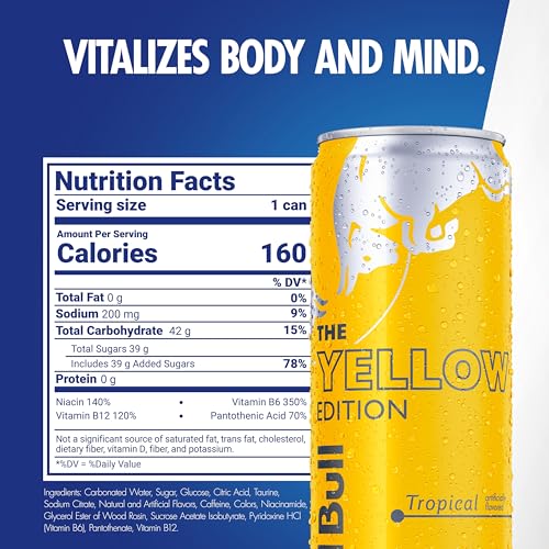 Red Bull Yellow Edition Energy Drink, Tropical, with 114mg Caffeine plus Taurine & B Vitamins, 12 Fl Oz, Pack of 24 Cans - Image 3