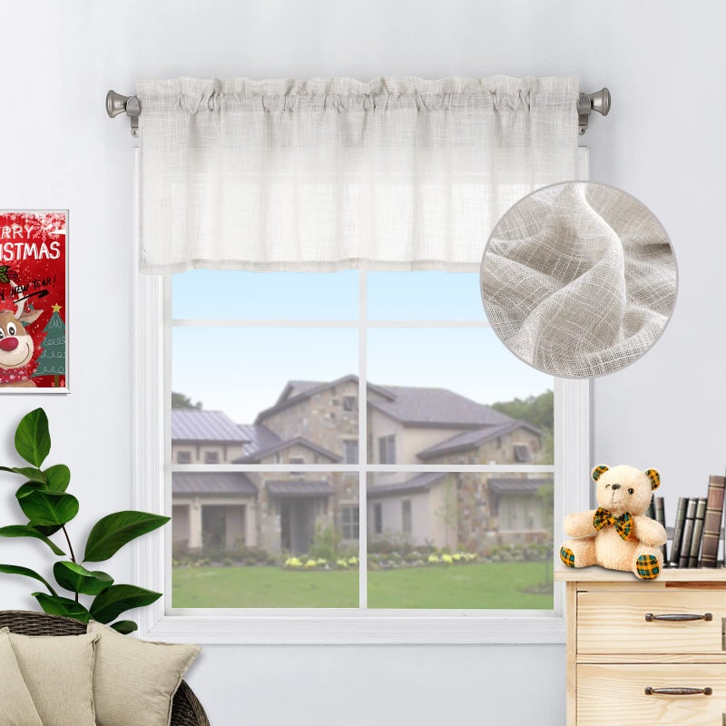 Beda Home Linen Textured Curtain Valance for Kitchen Living Room Rustic Short Valance Topper for Small Window BedroomBasement Privacy Added Rod Pocket Design Nature 52Wx18L  1PC