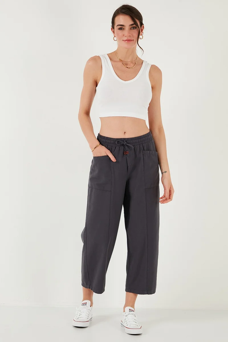 ليلا Cotton Relaxed Fit High Waist Wide Crop Trousers Women's Pants 668yp5318