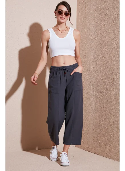 ليلا Cotton Relaxed Fit High Waist Wide Crop Trousers Women's Pants 668yp5318