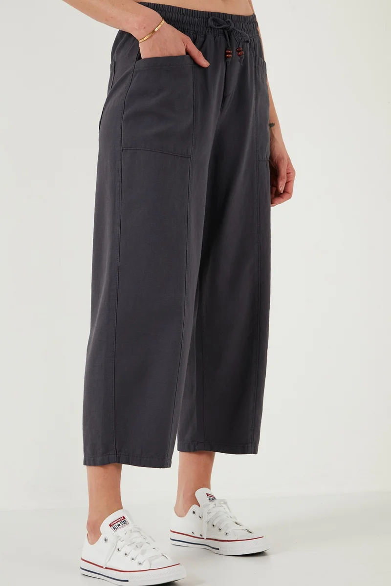 ليلا Cotton Relaxed Fit High Waist Wide Crop Trousers Women's Pants 668yp5318