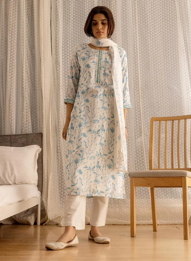 DW Floral Printed Embroidered Kurta and Trousers with Dupatta Set