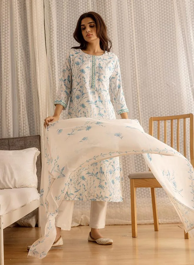 DW Floral Printed Embroidered Kurta and Trousers with Dupatta Set