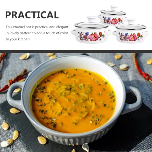 Baluue Enamel Pot Enamelware Stock Pot Set with Lid 3 Piece Vintage Floral Nesting Soup for Cooking and Serving Retro Enamel on Steel Casserole Set 1.3, 1.6qt and 2.2qt for Home Kitchen Tower Pattern - Image 4