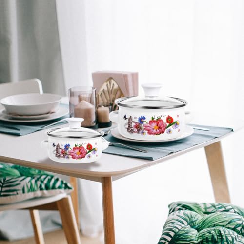 Baluue Enamel Pot Enamelware Stock Pot Set with Lid 3 Piece Vintage Floral Nesting Soup for Cooking and Serving Retro Enamel on Steel Casserole Set 1.3, 1.6qt and 2.2qt for Home Kitchen Tower Pattern - Image 3