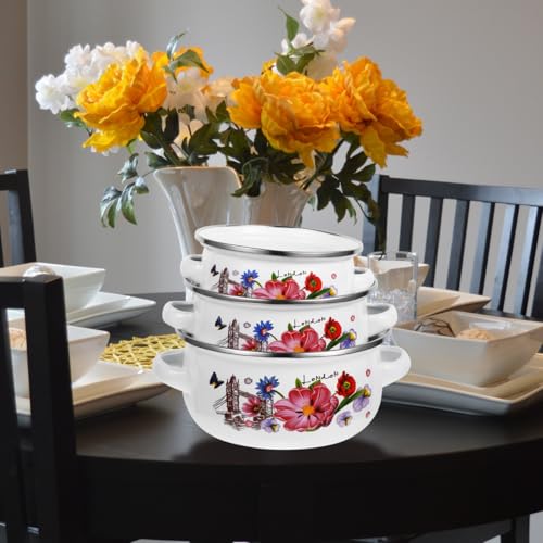 Baluue Enamel Pot Enamelware Stock Pot Set with Lid 3 Piece Vintage Floral Nesting Soup for Cooking and Serving Retro Enamel on Steel Casserole Set 1.3, 1.6qt and 2.2qt for Home Kitchen Tower Pattern - Image 5