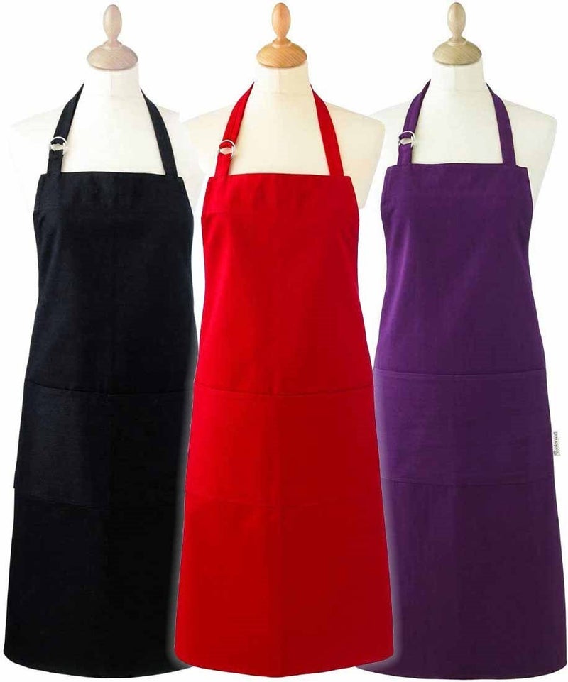 AIRWILL 100 Cotton Oven Designer Solid Plain Aprons Sized 65cm in Width 80cm in Length with 1 Center Pocket Adjustable Buckle on Top and 2 Long Ties on Both 2 Sides Pack of 3 pieces