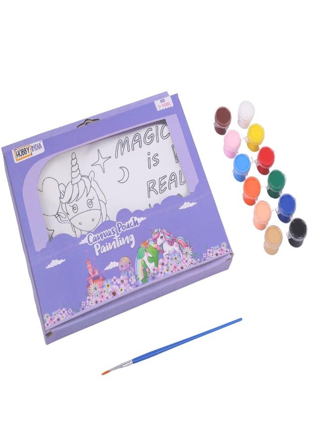 HOBBY INDIA DIY Canvas Pouch Painting Kit for Kids | with Zip Makeup & Toiletry Art Craft Set | Birthday, School, Stationery, Travel, Pencil Bag Boy & Girl | Christmas & Return Gift (Unicorn) - Image 1